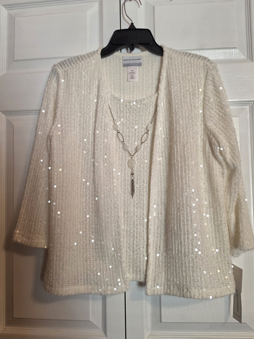 Alfred Dunner Ivory Sequin Open-Front Cardigan Set NWT